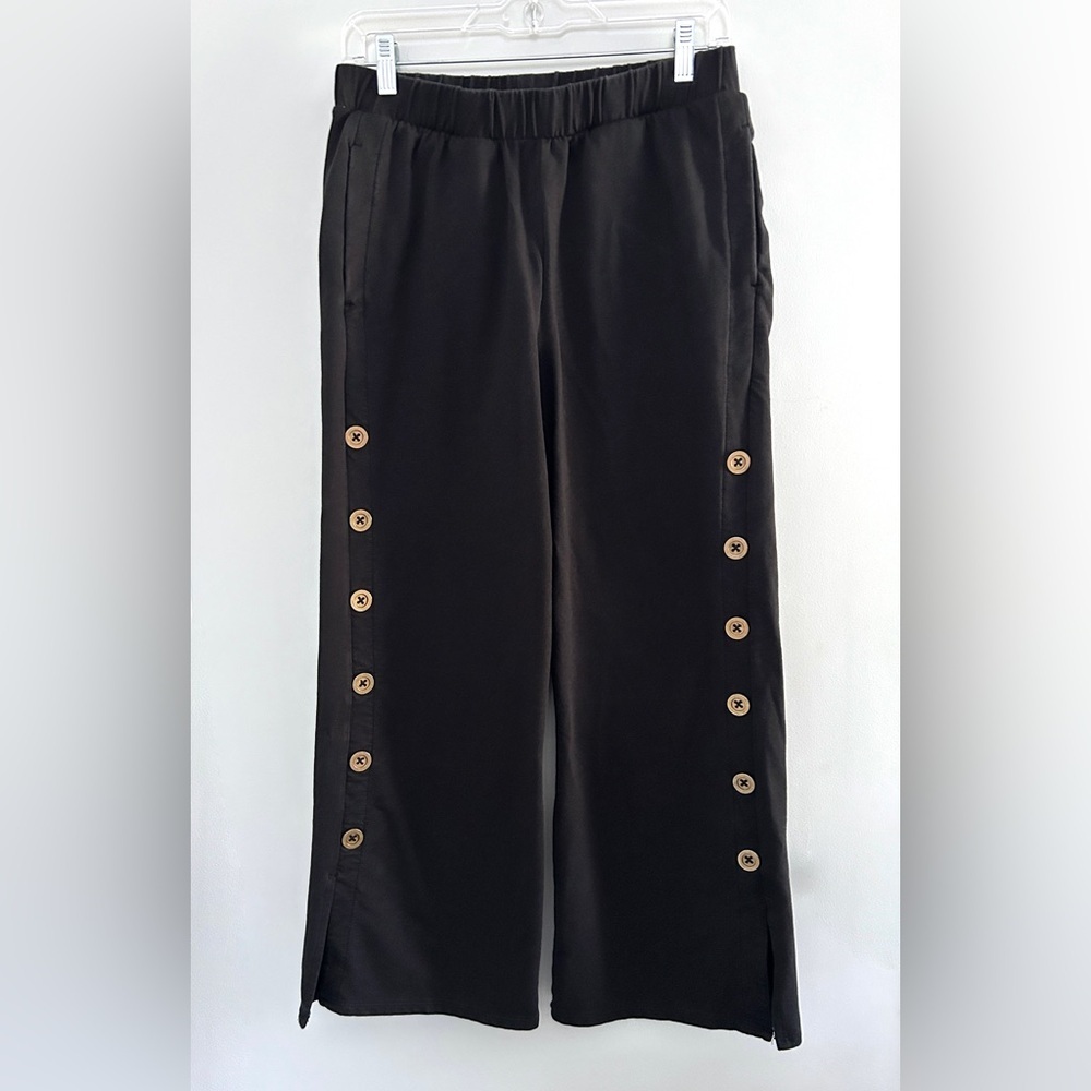 Soft Surroundings Black Wide Leg Crop Pants Size PS Stretch Pull On Side Button